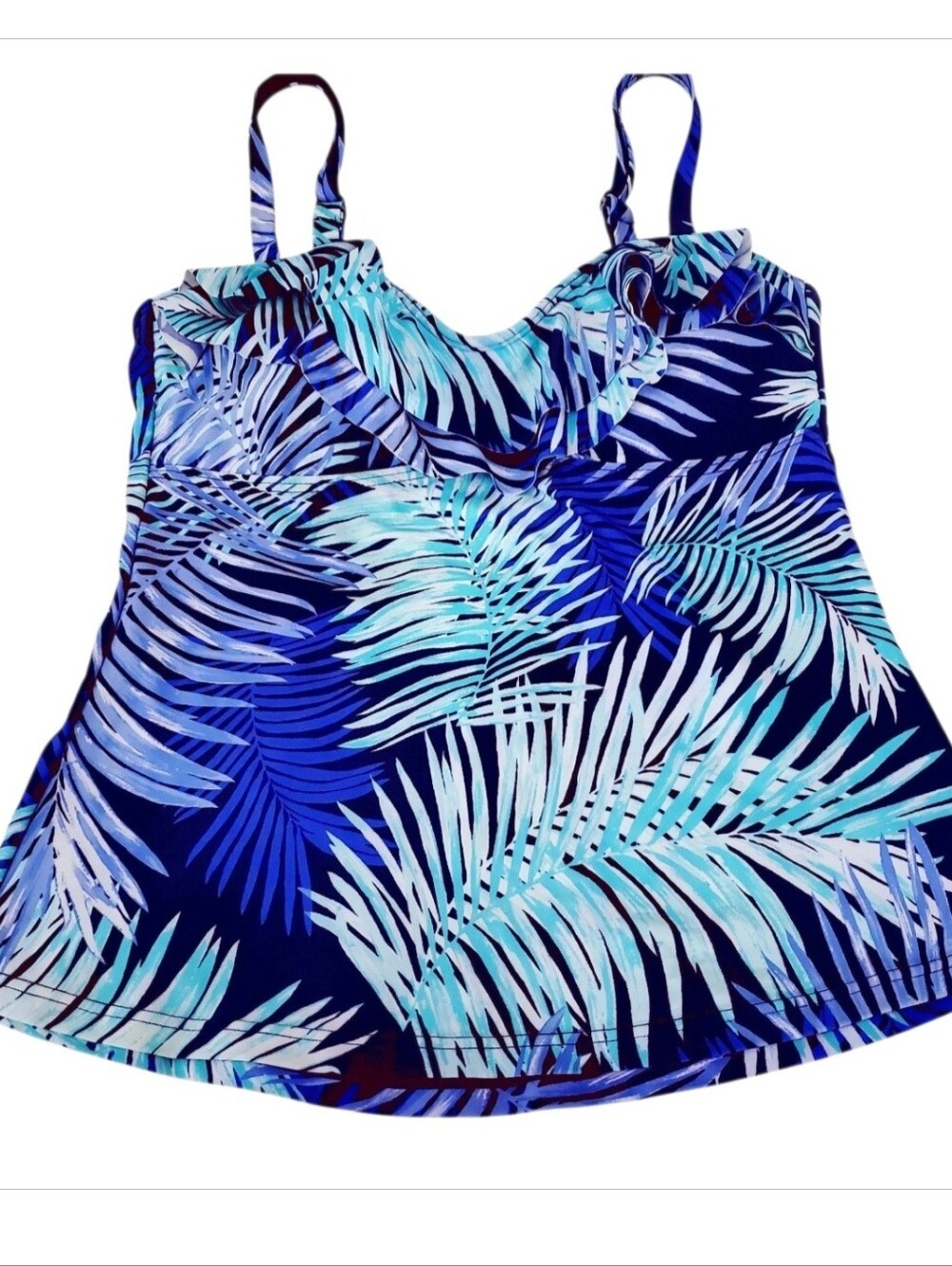 Island Escape Blue Tropical Ruffled Palm Print Tankini Swim Top Sz 8